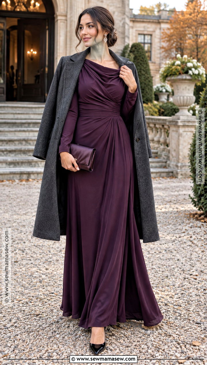 Eggplant Long Sleeve Maxi Dress Fall Wedding Guest Outfit - 30 fall wedding guest outfit ideas