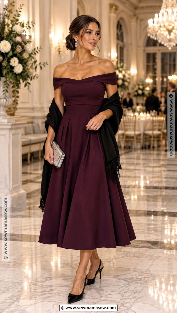Eggplant Off Shoulder Midi Dress Outfit - 15 Fall Wedding Guest Midi Dress Ideas
