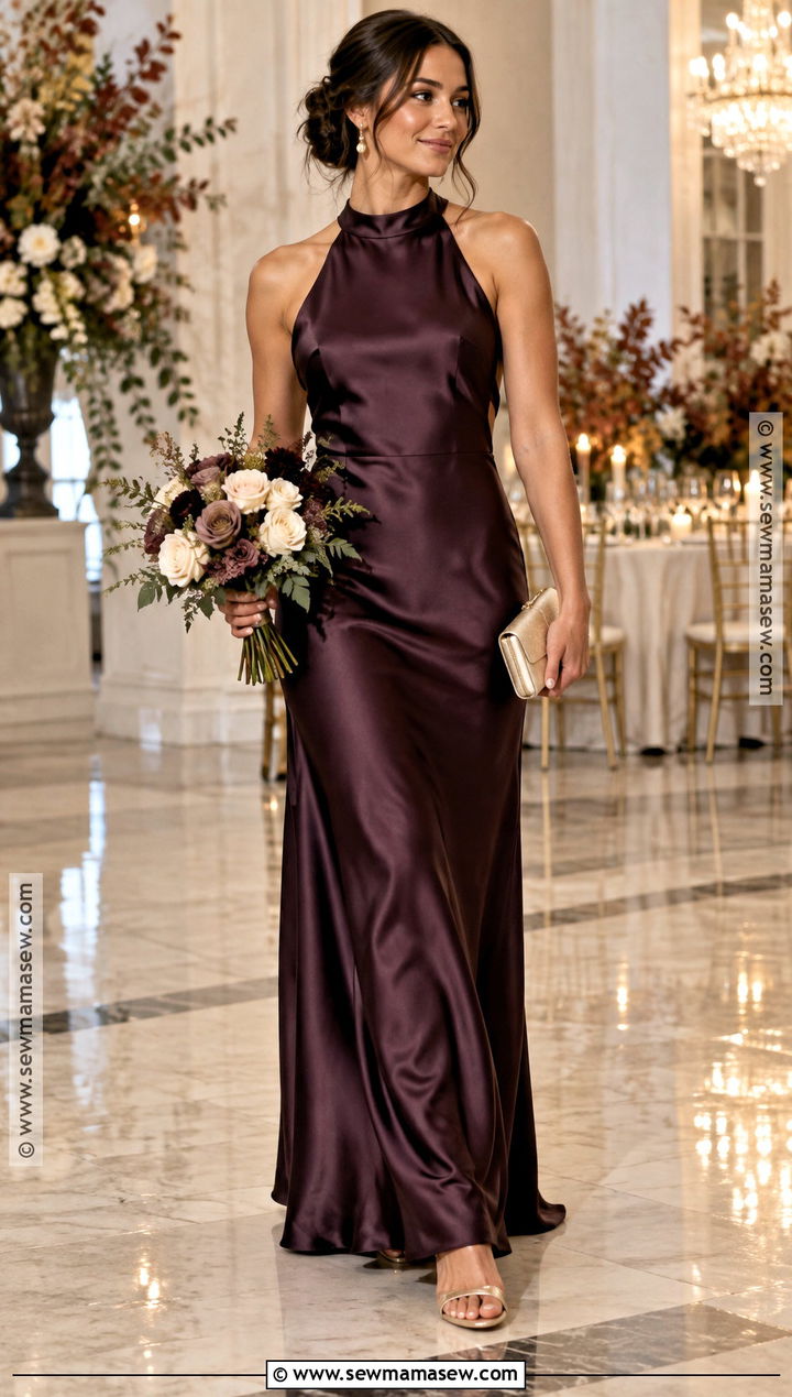 Eggplant Satin Bridesmaid Dress With Champagne Heels - 15 Moody Fall Bridesmaid Dresses
