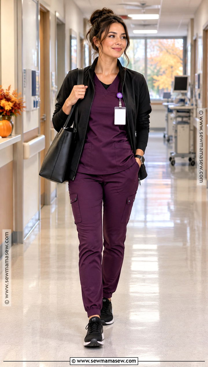Eggplant Scrubs With Black Sneakers - 20 Fall Scrub Outfits