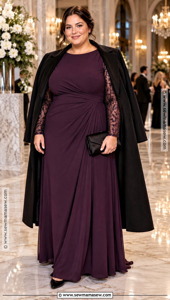 Eggplant Sequin Sleeve Maxi Dress - 15 october wedding guest dress ideas for plus size