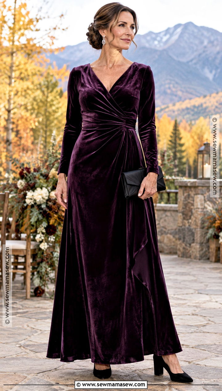 Eggplant Velvet Mother of the Groom Gown With Black Heels - 20 mother of the groom dresses for fall outdoor