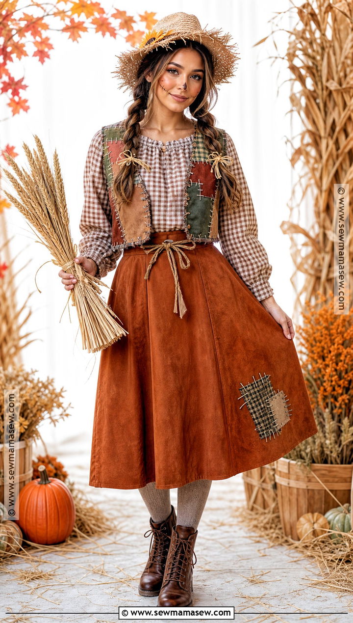 Elegant Scarecrow Costume With Patchwork Dress - 30 Fashion Halloween Costumes