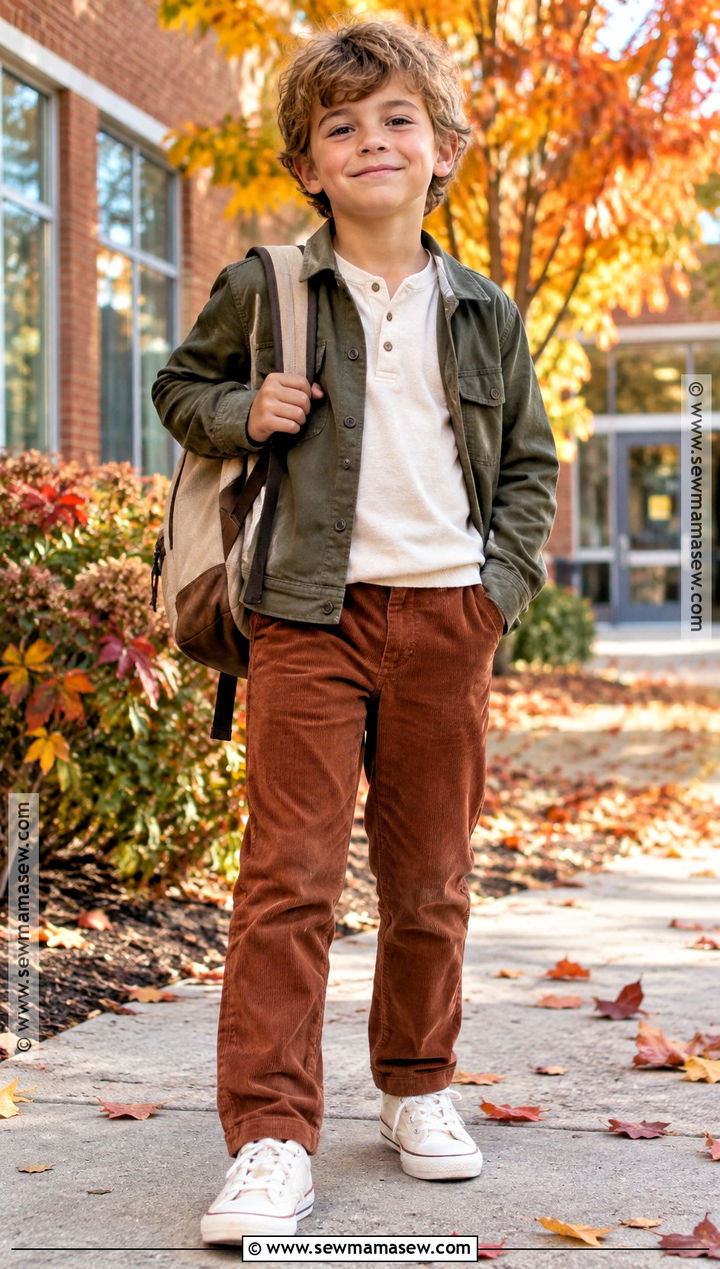 Elementary School Corduroy Pants And Henley Outfit - 25 back to school outfits elementary for kids