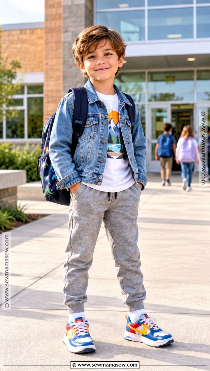 Elementary School Denim Jacket And Joggers Outfit - 25 back to school outfits elementary for kids