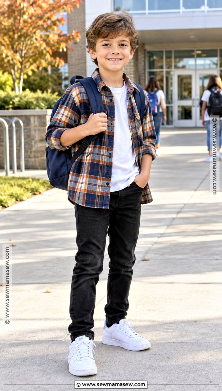 Elementary School Plaid Shirt And Black Jeans Outfit - 25 back to school outfits elementary for kids