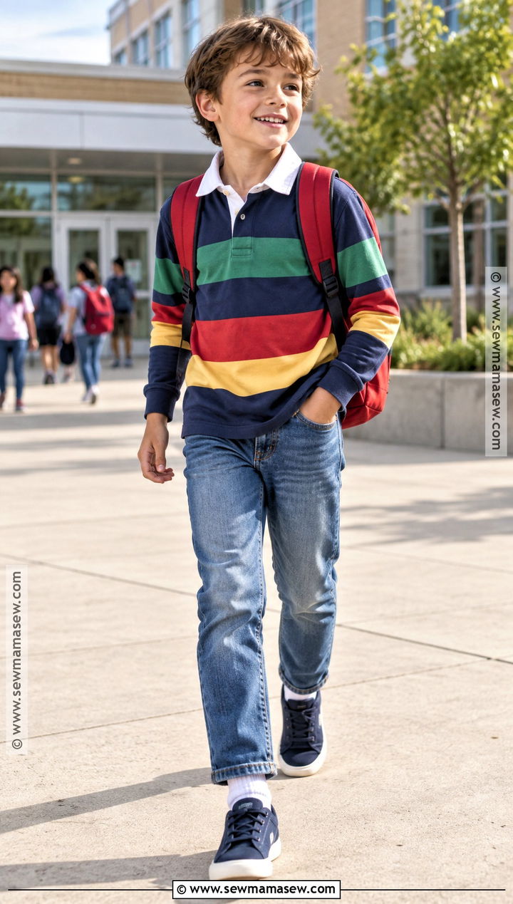 Elementary School Rugby Shirt and Jeans Outfit - 15 back to school elementary outfits