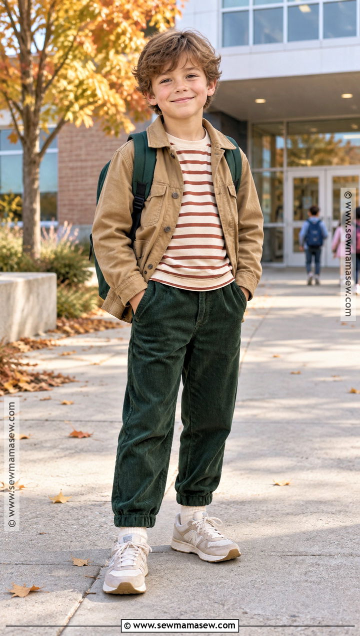 Elementary School Striped Tee and Corduroy Outfit - 15 back to school elementary outfits