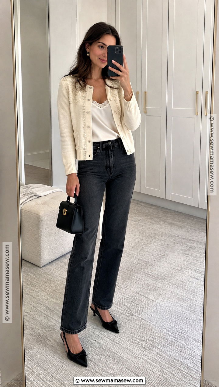 Embellished Cardigan and Dark Jeans Autumn Glam Outfit - 15 autumn glam outfit ideas