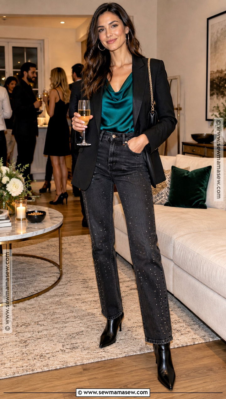 Embellished Jeans And Satin Blouse Fall Party Outfit - 20 fall party outfits