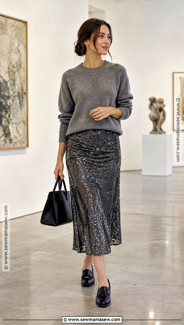 Embellished Midi Skirt And Crewneck Sweater Outfit - 15 autumn looks 2026 for women