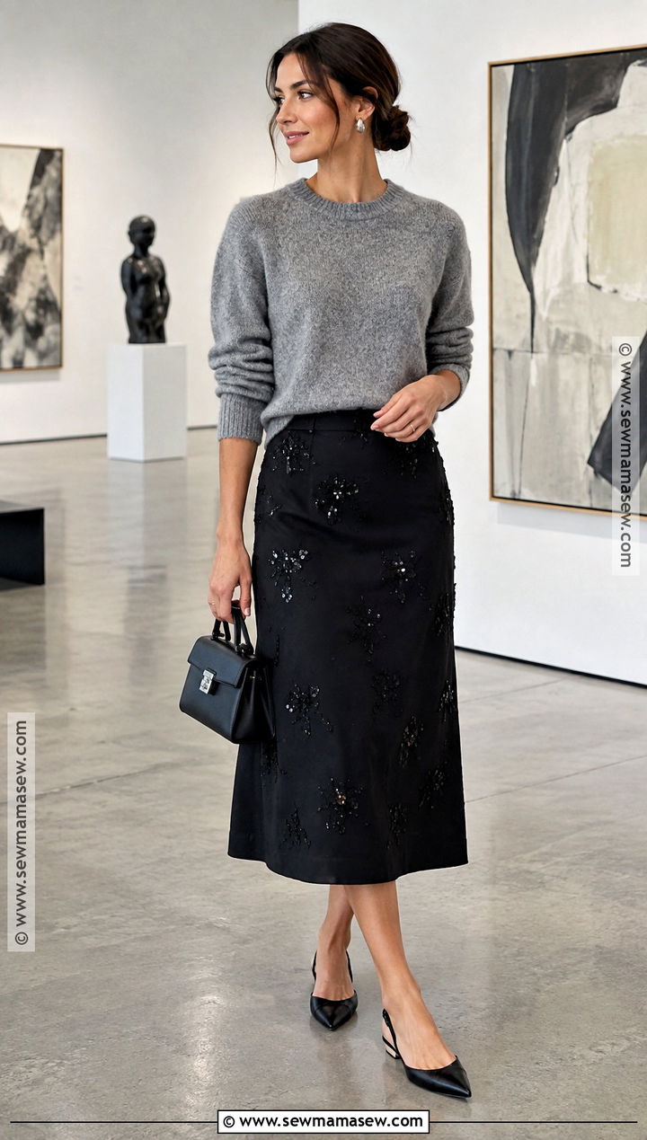 Embellished Skirt Fall Outfit With Crewneck Sweater - 15 2026 womens fall fashion ideas