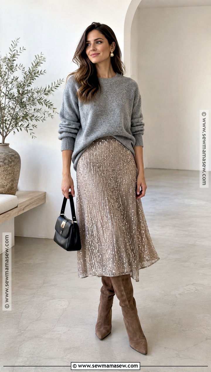 Embellished Skirt With Simple Sweater - 15 fall fashion 2026 women trends