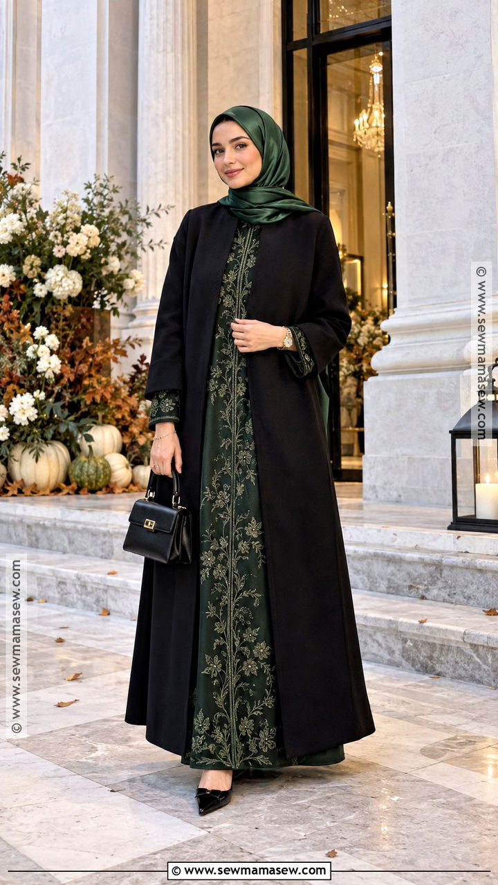 Embroidered Abaya With Long Coat And Pointed Flats - 20 Muslim Fall Outfits