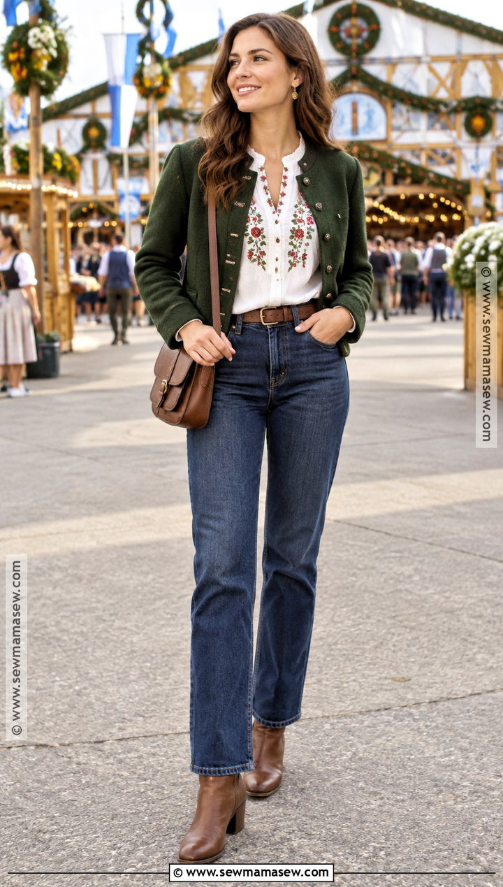 Embroidered Blouse And Jeans Oktoberfest Outfit - 25 october fest outfit ideas