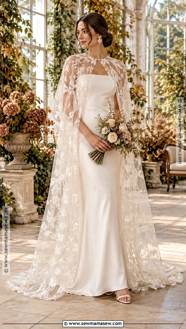 Embroidered Bridal Cape Jacket With Simple Dress - 15 Fall Wedding Jacket Brides Ideas