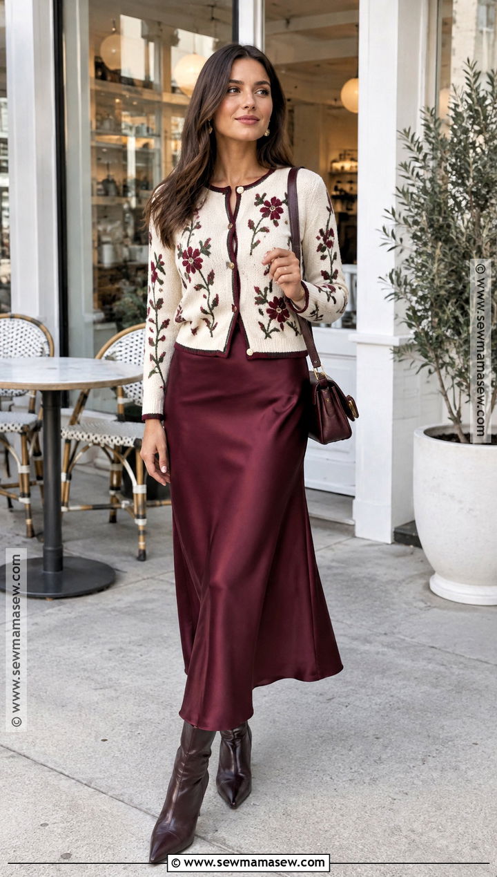 Embroidered Cardigan With Satin Midi Skirt - 15 Embroidered Sweater Fall Style Ideas