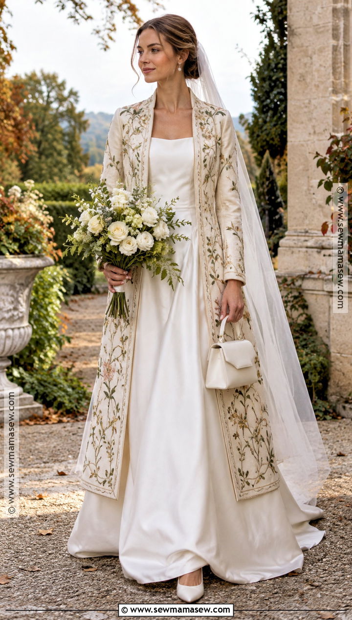 Embroidered Coat With Plain Wedding Dress - 15 Wedding Dress Coat Fall Ideas