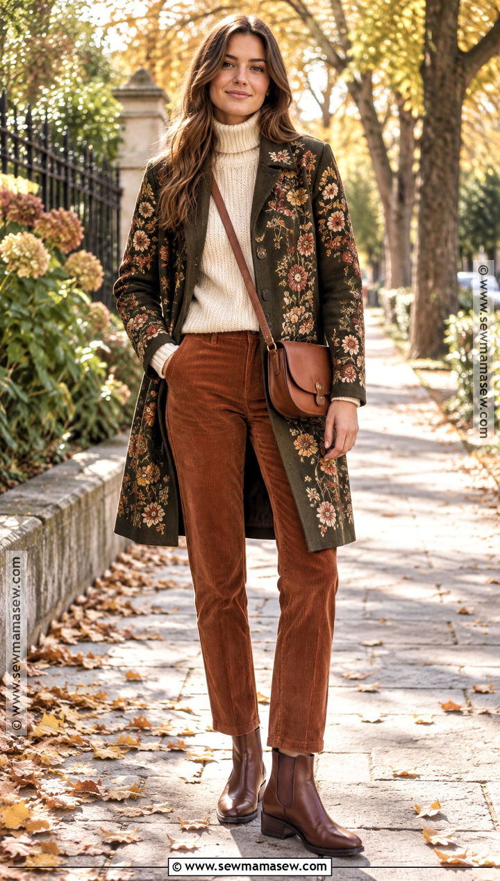 Embroidered Floral Coat With Cream Sweater And Corduroy Pants - 15 autumn floral coat style ideas