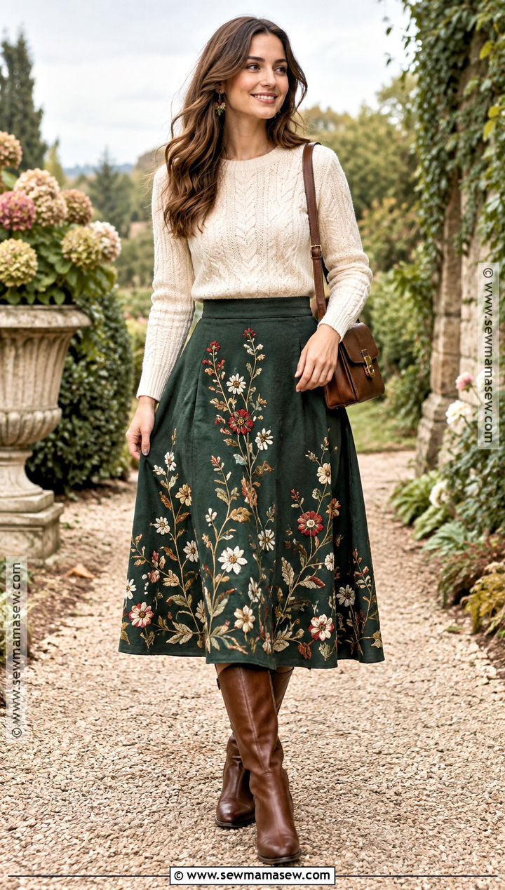 Embroidered Floral Skirt Outfit - 15 autumn floral skirt design ideas