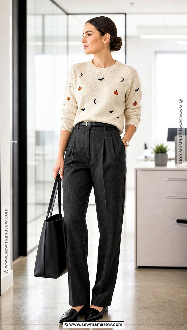Embroidered Halloween Sweater With Pleated Trousers - 35 halloween sweater ideas