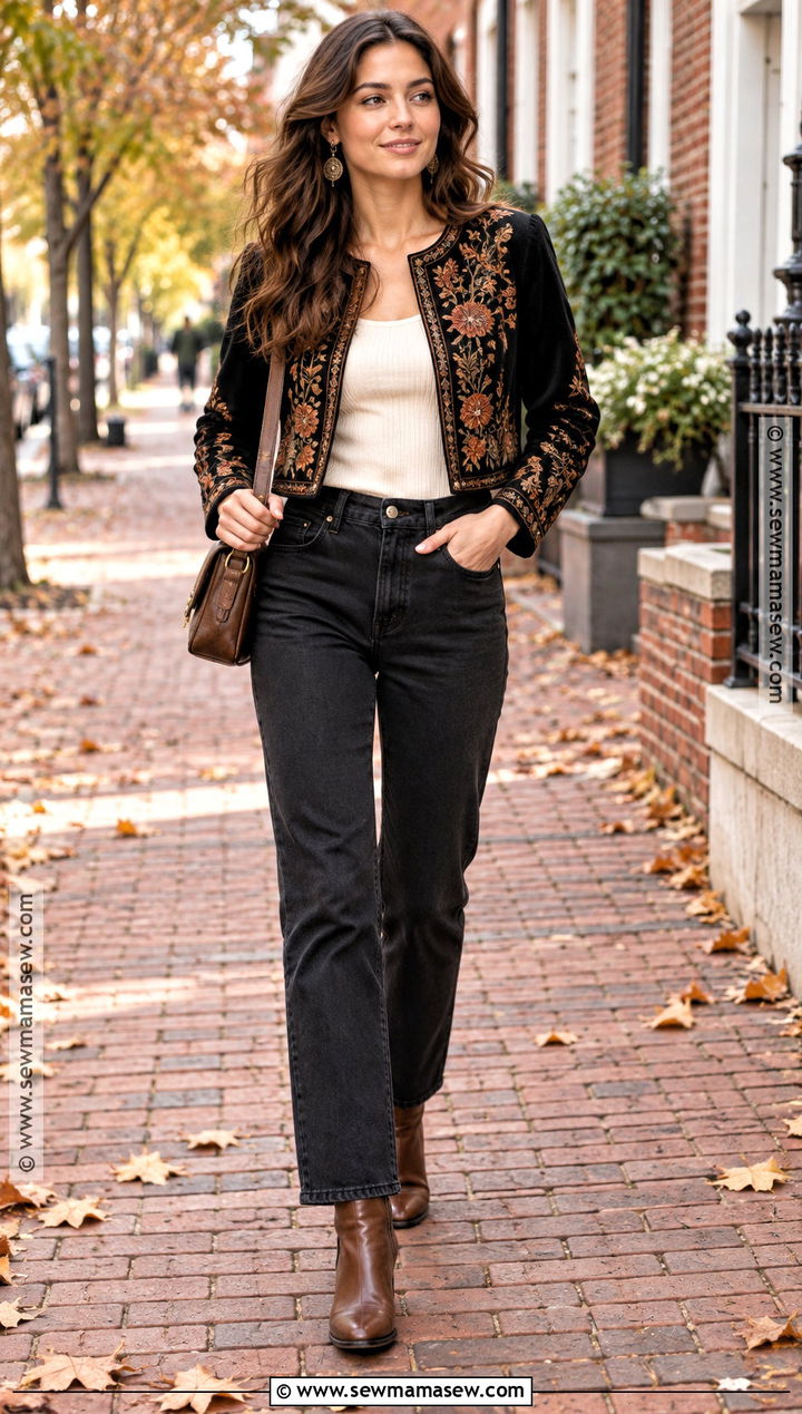 Embroidered Jacket And Black Jeans Boho Autumn Look - 15 boho style autumn look ideas
