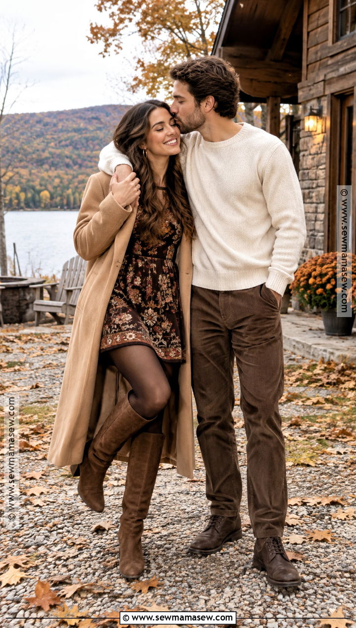 Embroidered Mini Dress With Knee High Boots - 15 boho engagement photos outfits fall