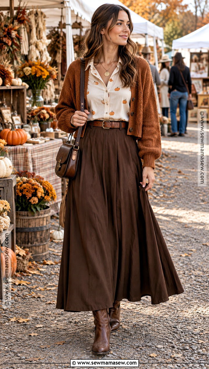 Embroidered Pumpkin Shirt With Maxi Skirt - 20 pumpkin shirt ideas