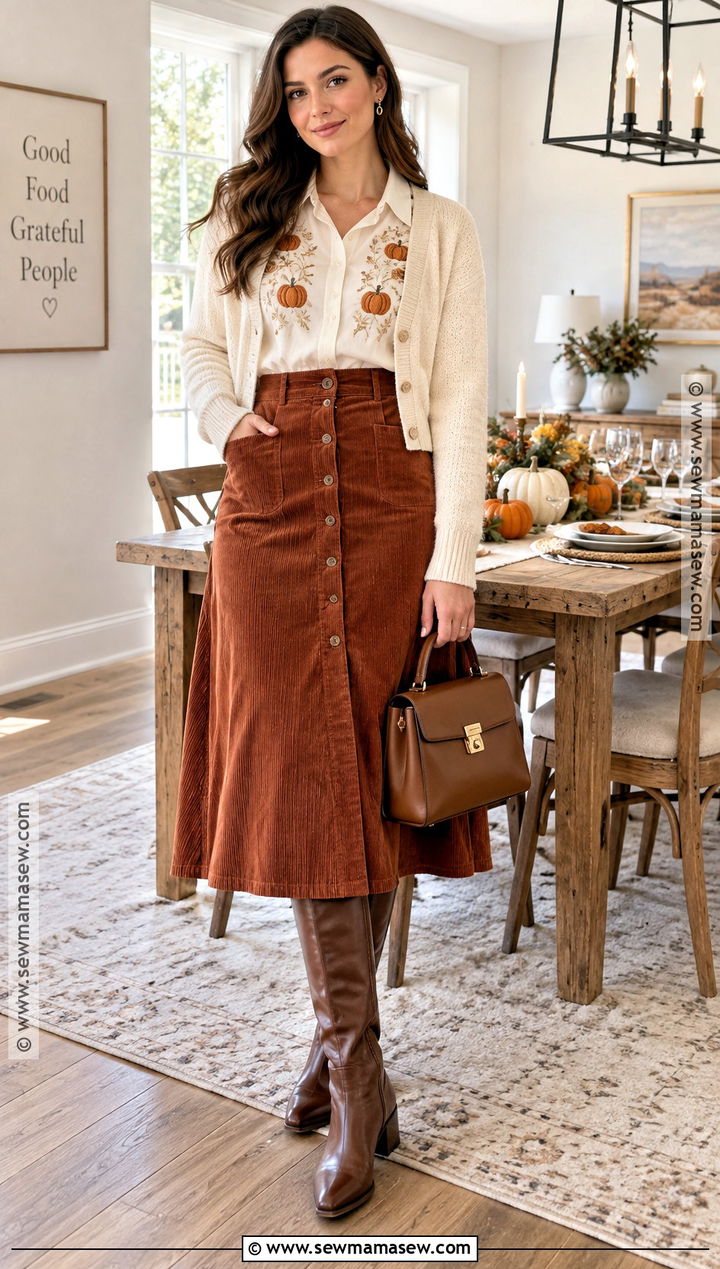 Embroidered Thanksgiving Shirt With Midi Skirt - 25 Thanksgiving Shirts