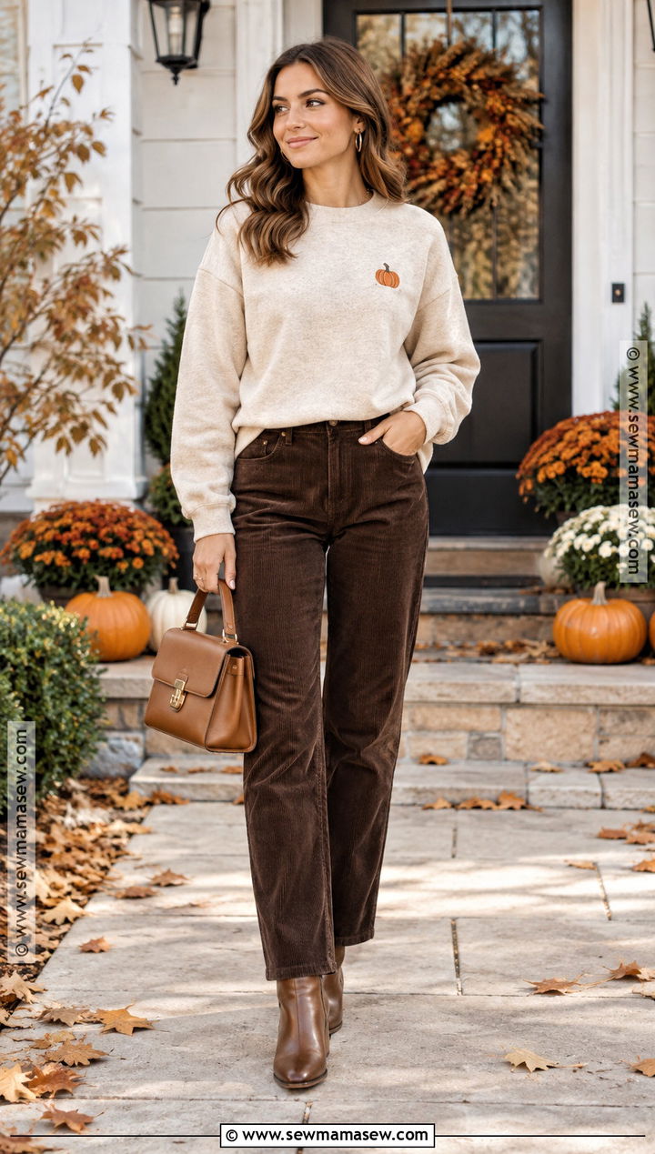 Embroidered Thanksgiving Sweatshirt With Corduroy Pants - 20 Thanksgiving Sweatshirt Ideas