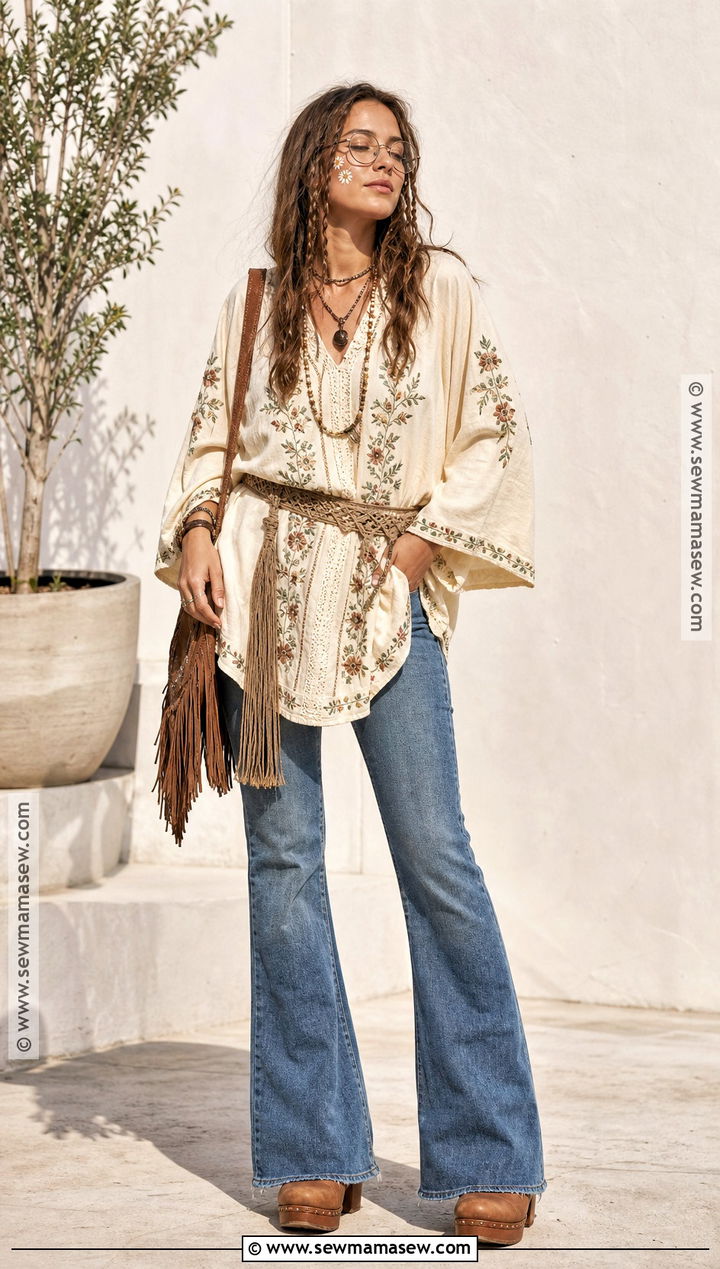 Embroidered Tunic And Flared Jeans Hippie Costume - 30 hippie outfits 70s costume