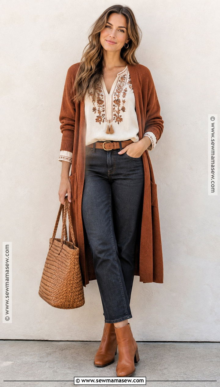 Embroidered Tunic And Straight Jeans Fall Boho Outfit - 25 fall boho outfits