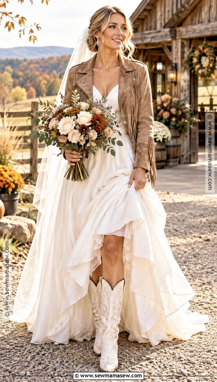 Embroidered Western Boots With High Low Wedding Dress - 15 fall wedding boots for bride