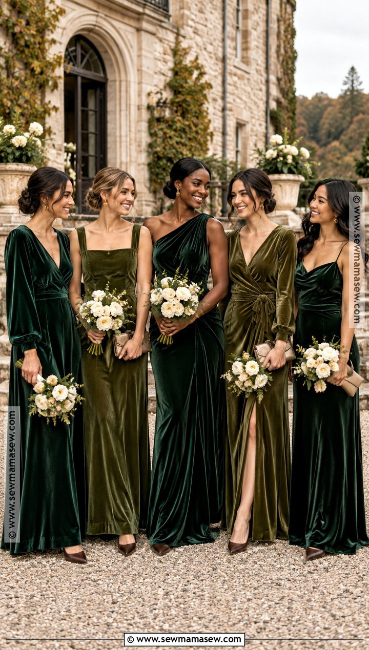 Emerald And Olive Velvet Bridesmaid Dresses - 20 fall bridesmaid dresses mismatched
