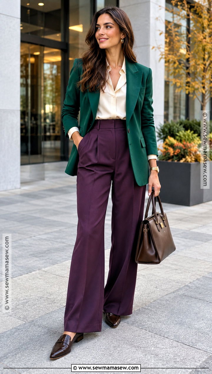 Emerald Blazer And Purple Trousers Outfit - 15 Colorful Autumn Clothing Ideas