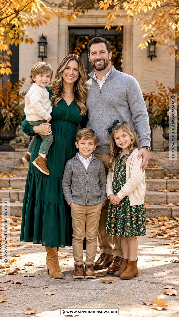 Emerald Camel and Soft Gray Fall Family Photo Outfits - 20 Fall Family Photo Outfits Color Combos