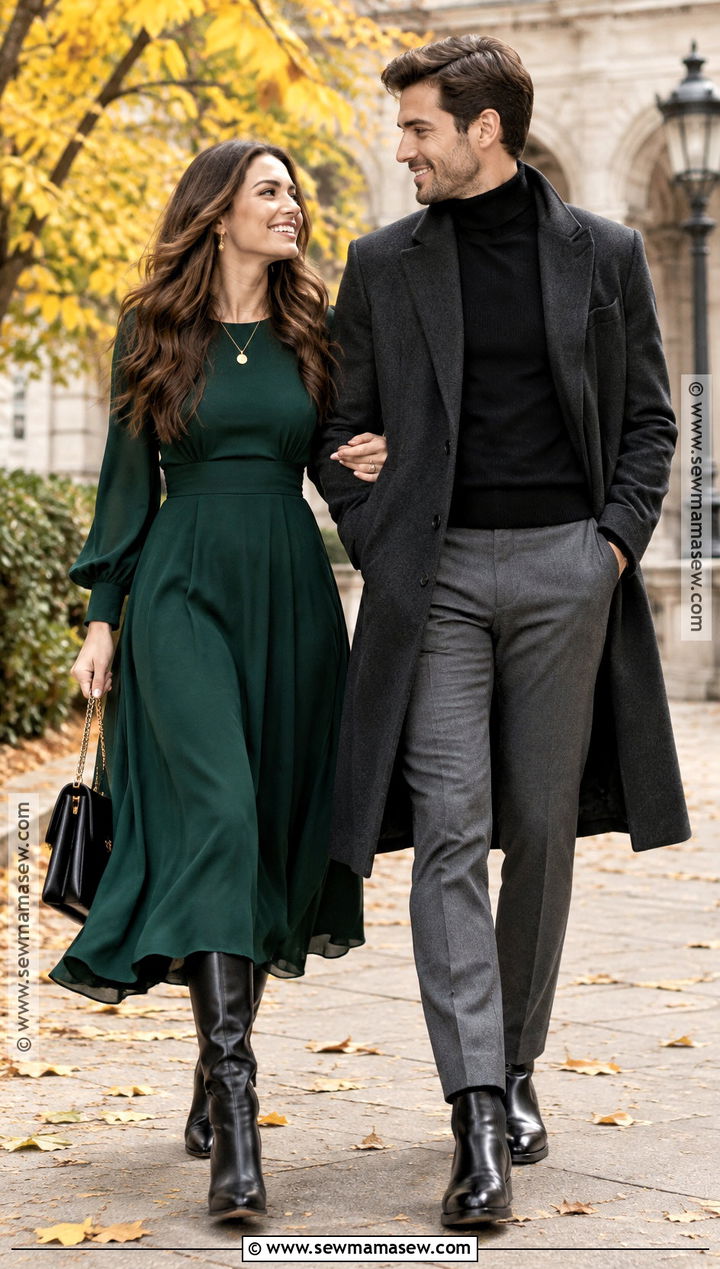Emerald Dress And Charcoal Coat Fall Couple Outfit - 25 fall photo shoot outfits for couples