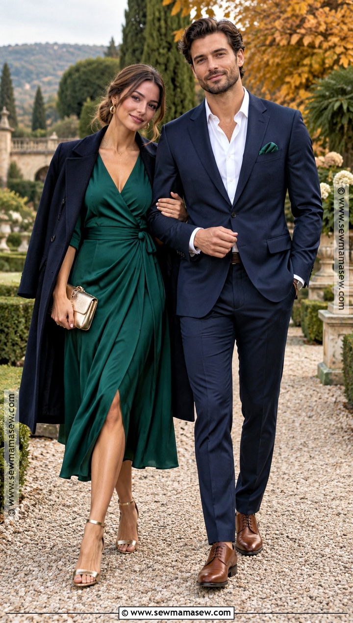 Emerald Dress And Navy Suit Fall Couple Outfit - 15 coordinating couple outfits for pictures fall