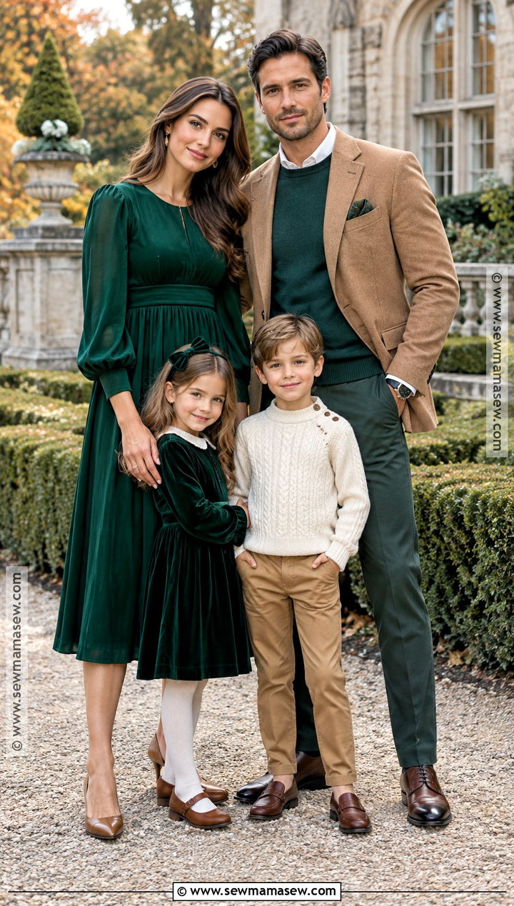 Emerald Green And Camel Family Photoshoot Outfit - 25 Fall Photoshoot Outfits for Family