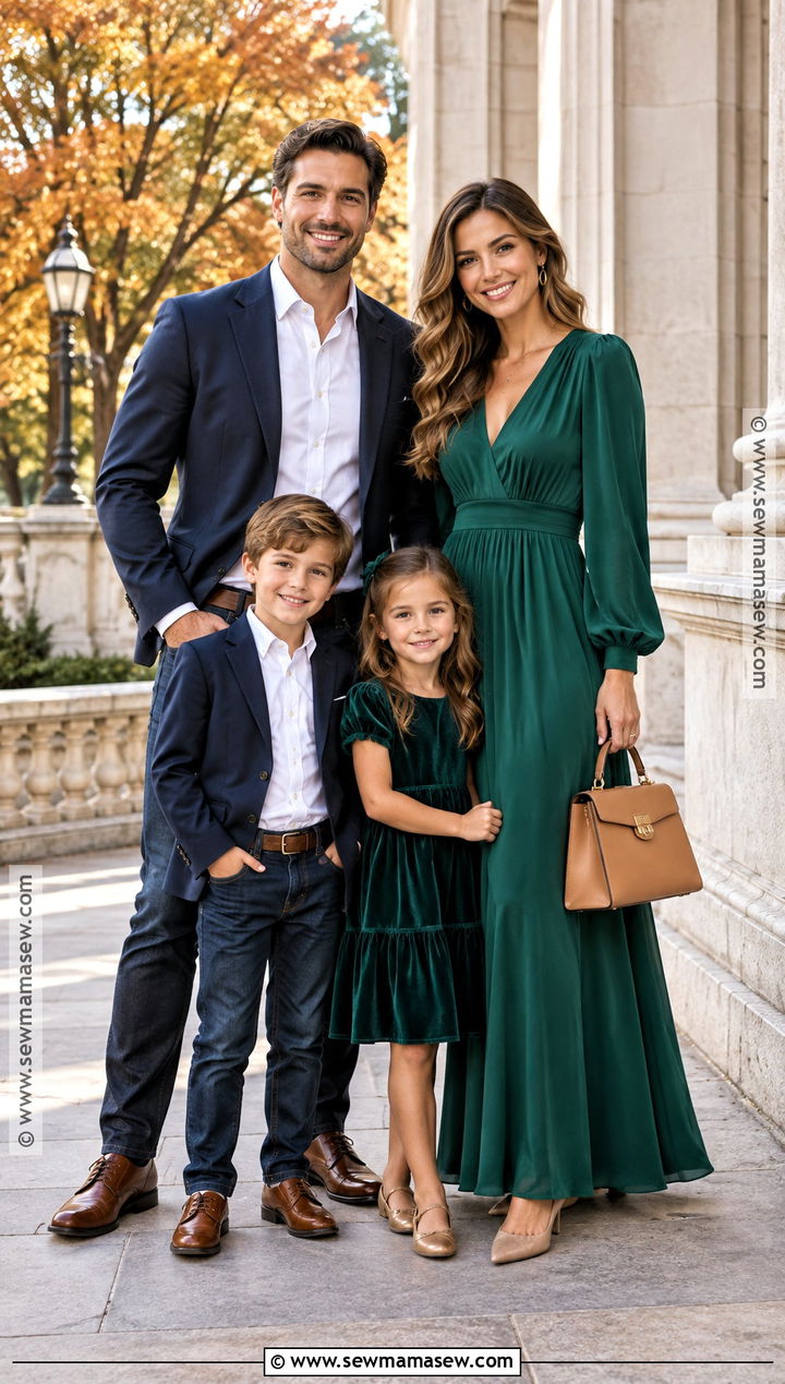 Emerald Green Dress With Navy Family Outfits - 15 Green Dress Fall Family Photos Ideas