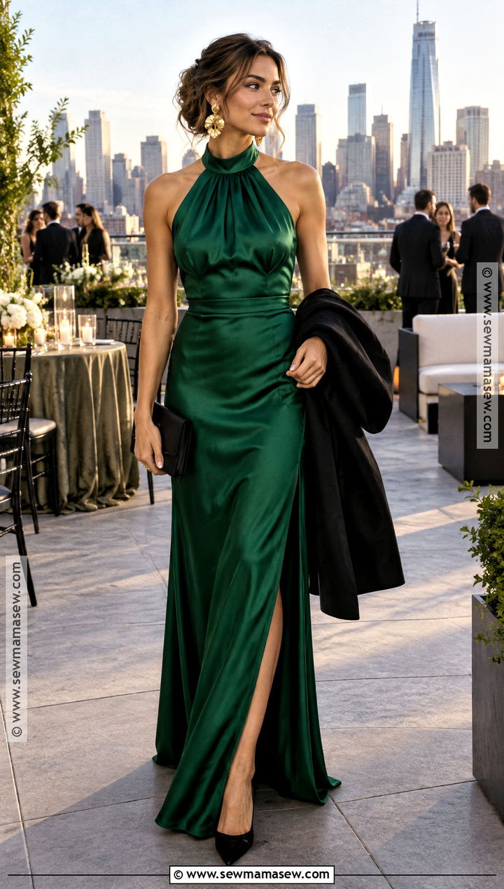 Emerald Green Halter Maxi Dress With Black Heels - 15 green wedding guest dress fall ideas