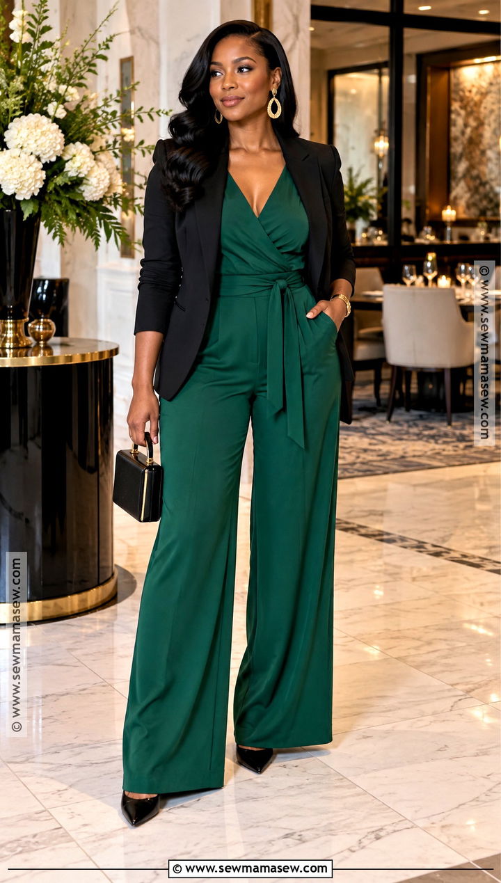 Emerald Green Jumpsuit Fall Dinner Outfit - 15 date night outfit fall dinner ideas for black women