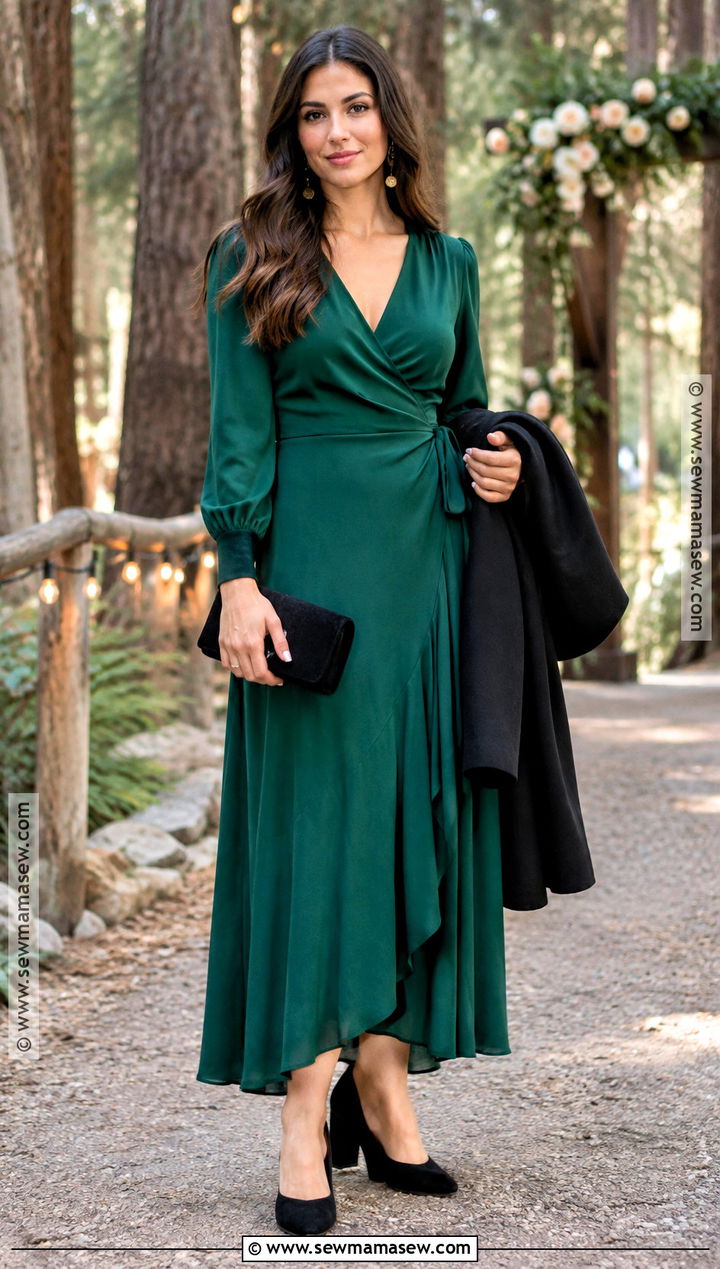 Emerald Green Long Sleeve Dress for a California Fall Wedding - 15 California Fall Wedding Guest Dress Ideas