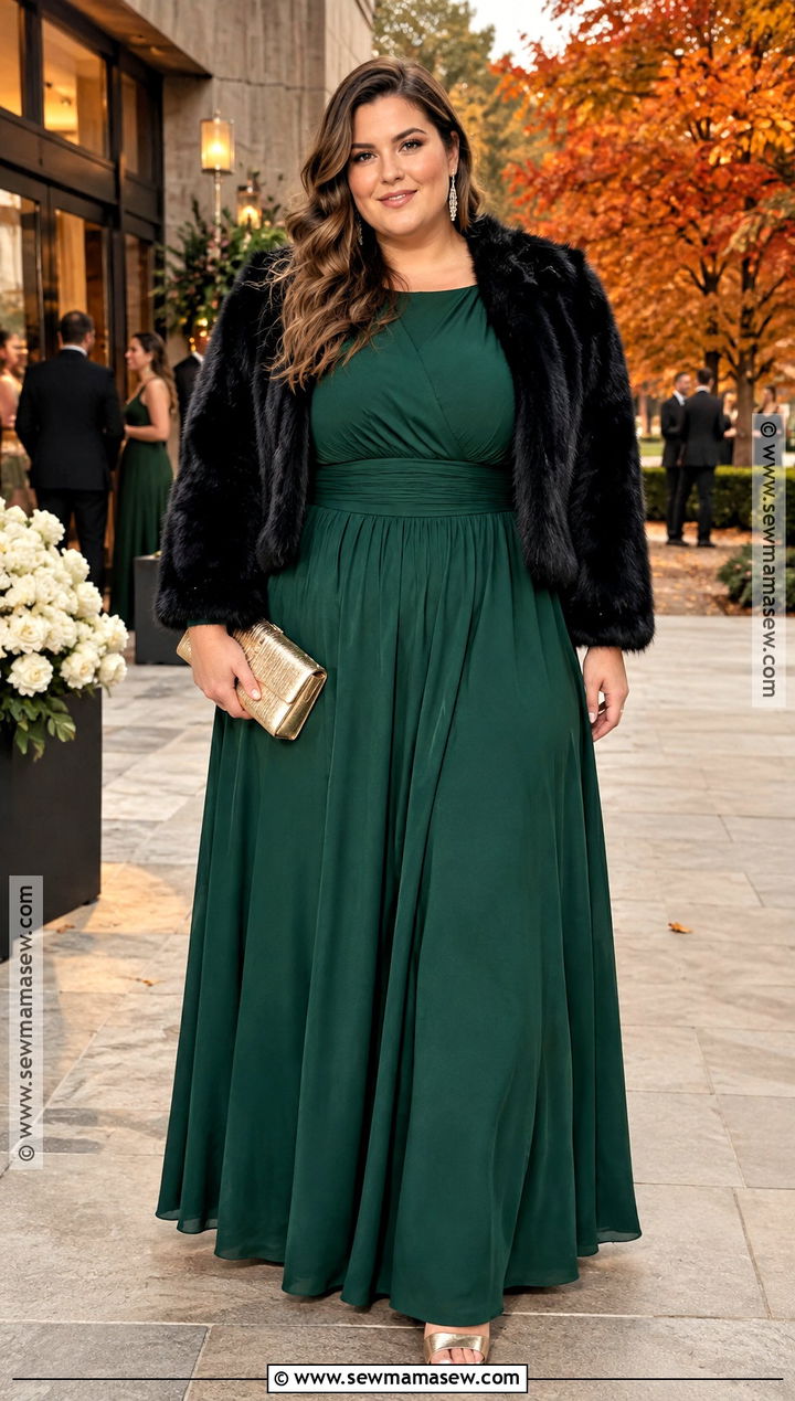 Emerald Green Long Sleeve Maxi Dress - 15 october wedding guest dress ideas for plus size
