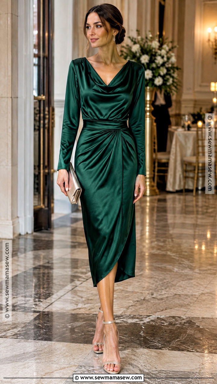 Emerald Green Long Sleeve Satin Midi Dress - 15 Fall Cocktail Dress Wedding Guest Long Sleeve Ideas