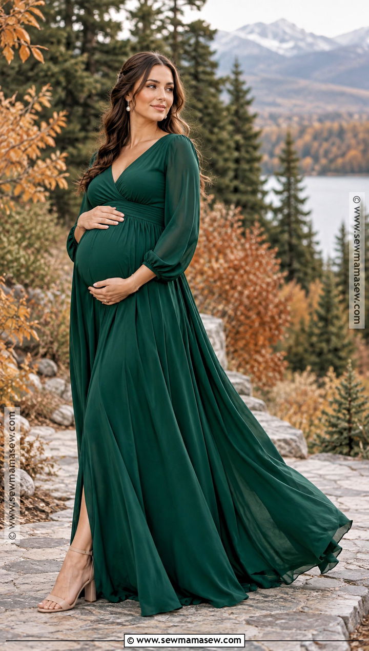 Emerald Green Maternity Gown With Neutral Heels - 15 Maternity Photography Outfits Fall