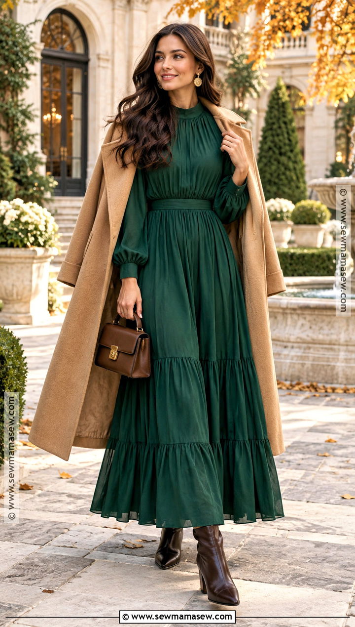 Emerald Green Maxi Dress With Gold Accessories - 30 fall dresses
