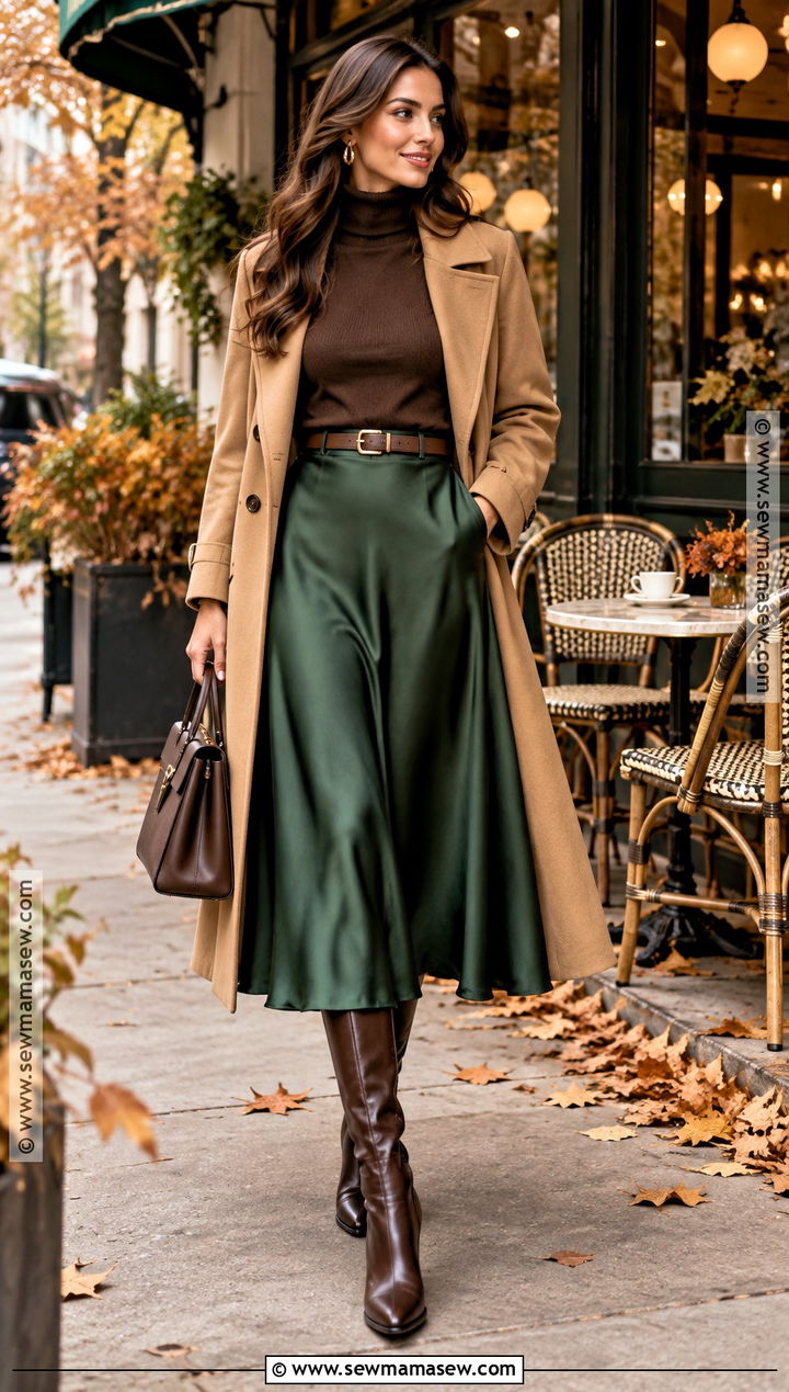Emerald Green Midi Skirt Fall Outfit - 25 Colorful Fall Outfits