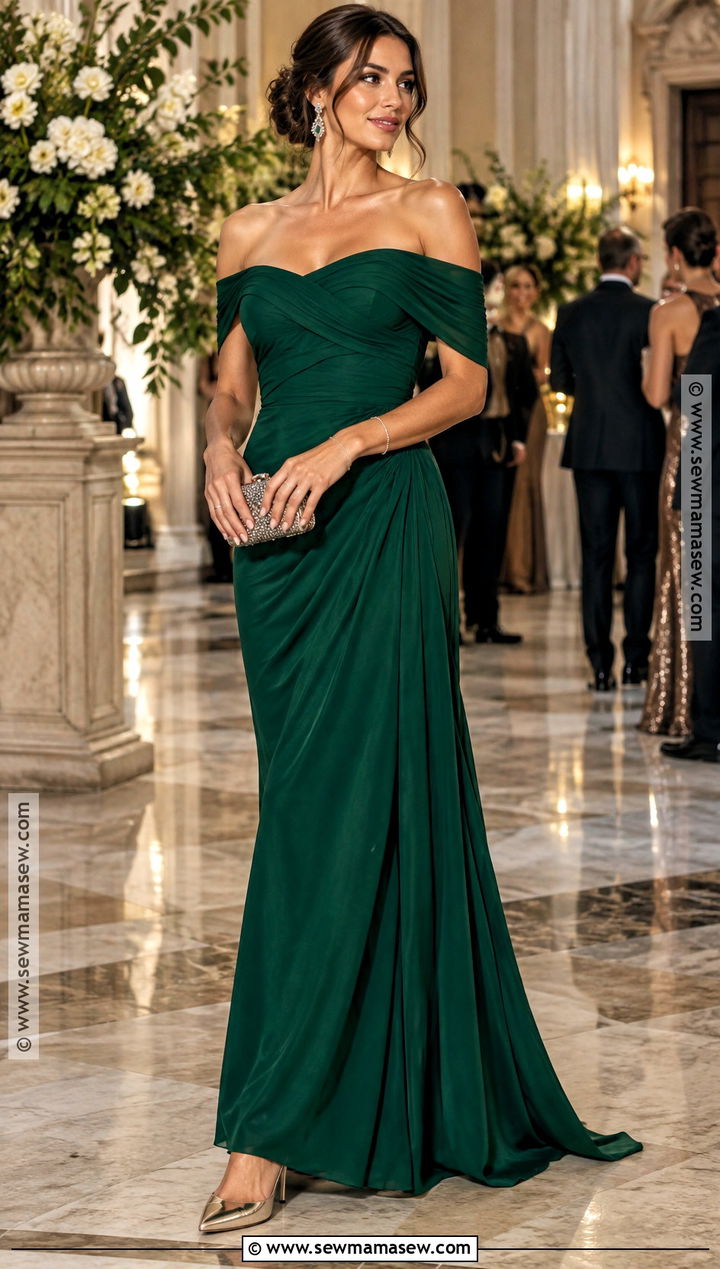 Emerald Green Off Shoulder Maxi Dress - 15 Green Fall Wedding Guest Dress Ideas