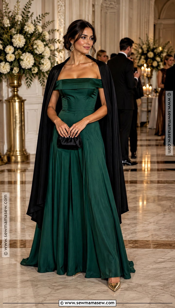 Emerald Green Off Shoulder Maxi Dress - 15 fall green wedding guest dress ideas